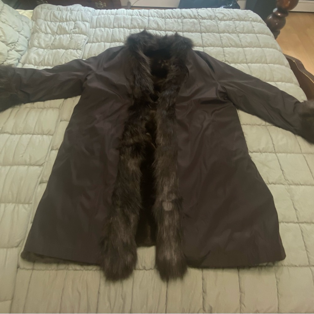 Brown Reversible Faux Fur Trim Coat